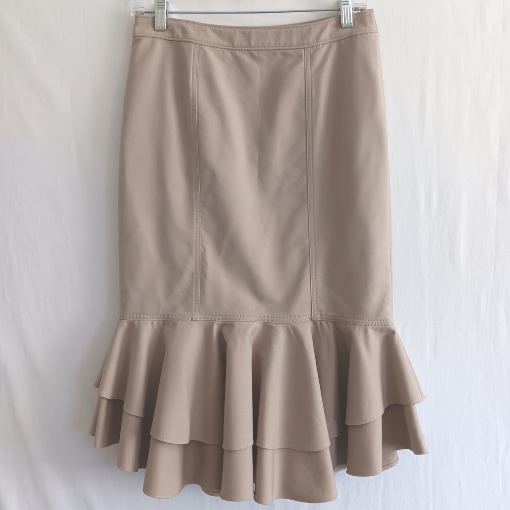 Halogen Mermaid Skirt Womens 4 Tan Excellent Tiered Ruffle Hem Midi Side Zip